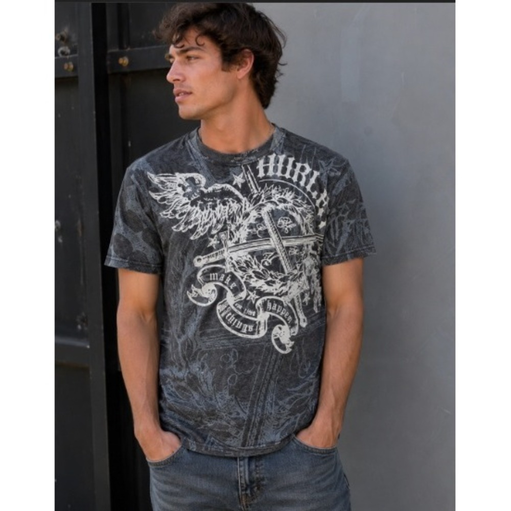 Hurley Mens Premium Fit Graphic T-Shirt Charcoal Grey Y2K MMA Style Medium